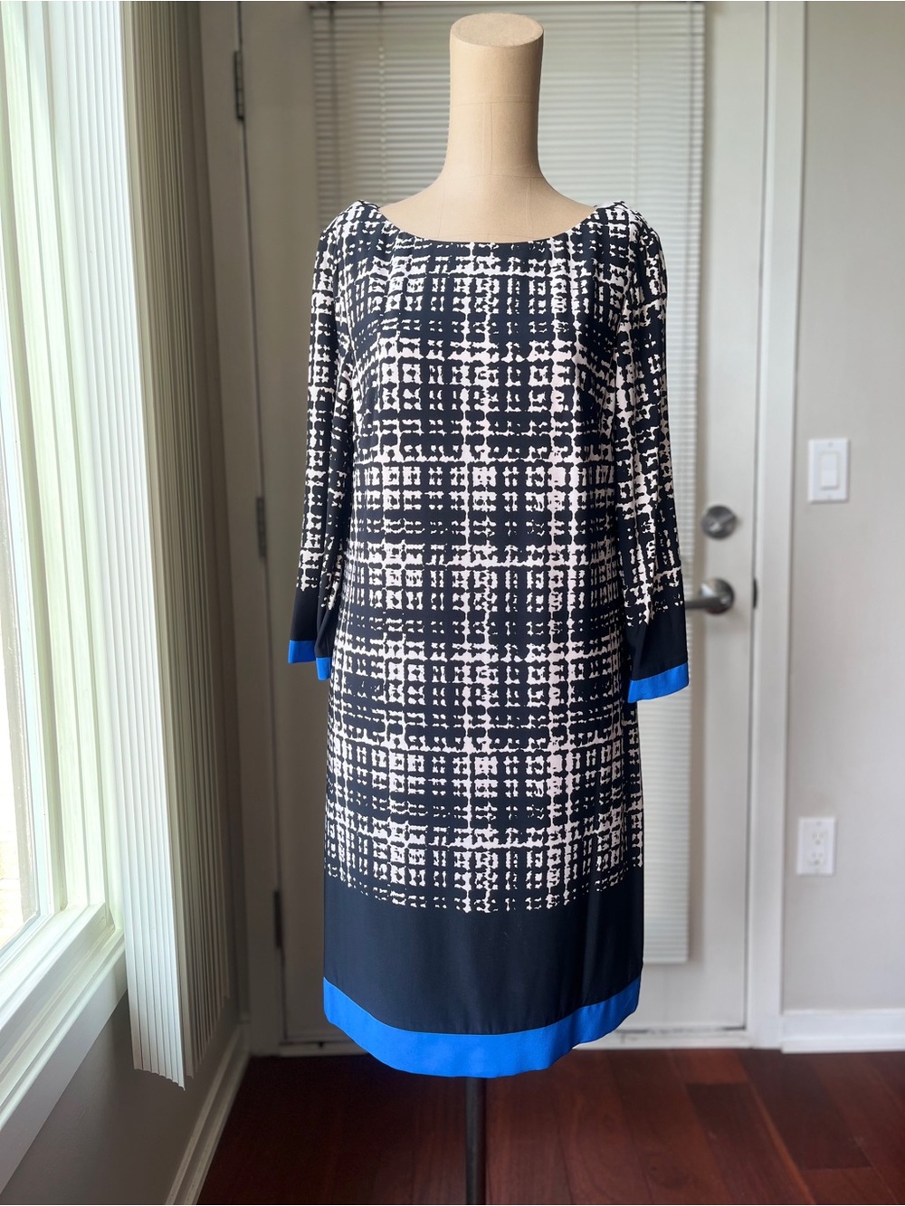 Eliza J Black & White Grid Sheath Dress with Bright Blue & Black Trim